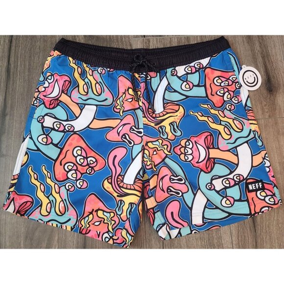Neff Swim Trunks Shorts Mens Large Psychedelic Mushroom Print Drawstring Pocket - Picture 1 of 13